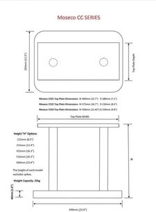 Moseco CC Series Atacama Audio højttaler-fod, set oppefra og fra siden med dimensioner, i metal, rektangulær form