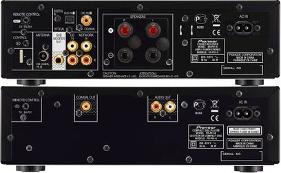 Hi-Fi mini systém Pioneer P1-K černý, pohled zepředu na zadní panel s audio konektory a ovládacími prvky