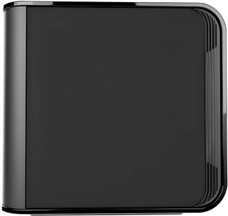 MartinLogan Depth 215 subwoofer i sort lak, sidevisning med afrundede hjørner og lodrette riller