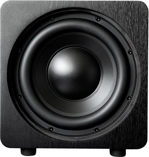 Velodyne Deep Blue 10 sort baskabin, set forfra, med en rund, mat sort højttaler i midten og sort gitter