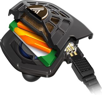 Audeze iSINE 20 sorte høretelefoner, set fra tre kvart bagfra, der viser de sekskantede orange og grønne højttalere