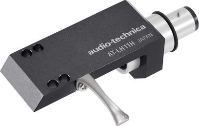 Audio-Technica AT-LH11H sort headshell, rektangulært metalhus med hvidt logo, sølvfarvet løftearm og stik