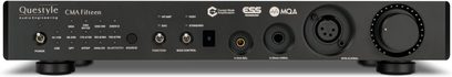 Schwarzer Questyle CMA Fifteen Hi‑Fi-Kopfhörervorverstärker, Frontseite mit Wahlschaltern, Tastern und Kopfhörerausgängen 4,4 mm, 6,35 mm und XLR