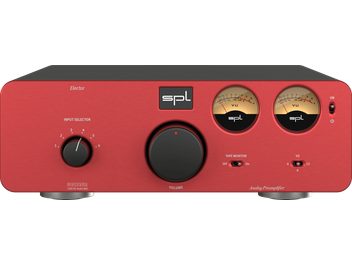 Sarkans SPL Elector stereo priekšpastiprinātājs ar sarkanu priekšējo paneli, diviem apaļiem VU mērītājiem, centrālo skaļuma pogu un ieejas izvēles slēdzi kreisajā pusē