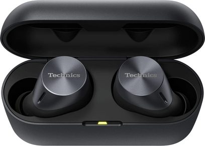 Åbent hi-fi hovedsæt Technics EAH-AZ60 i sort, set forfra, 2 ovale blanke sorte ørekopper med sølvfarvet logo, mat sort kabinet