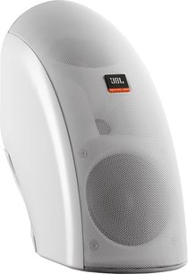 Udendørs JBL Control Now højttaler i hvid, buet form, perforeret gitter, orange logo, kompakt