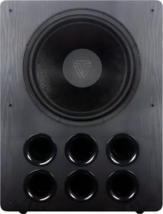 Černý subwoofer Tonewinner SW-D9000, pohled zepředu, velký kulatý reproduktor a šest zarovnaných kulatých bassreflexových otvorů
