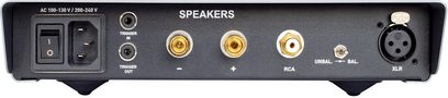 Bagpanel på en Nuprime AMG One-forstærker med højttalerstik, RCA, XLR og tænd/sluk-kontakt