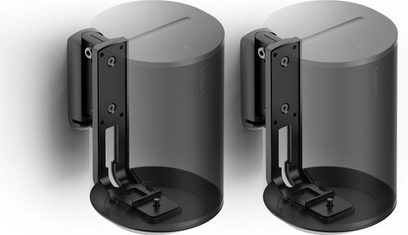Par svarta väggfästen från Flexson för Sonos Era 100-högtalare, cylindriska med ledade armar, profilvy