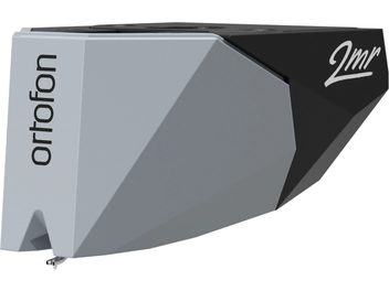 Cápsula de tocadiscos Ortofon 2MR 78, cuerpo triangular bicolor gris y negro, diamante en la parte delantera, cables en la parte trasera
