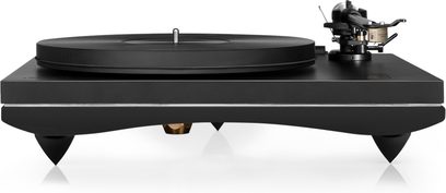 Giradischi Gold Note Pianosa nero con braccio B-5.1, vista dall'alto, piatto rotante nero, braccio di lettura nero, base rettangolare nera
