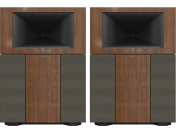 Klipsch Jubilee gulvhøjttaler i valnøddetræ, sort horn, sort gitter, base, sølvfarvede fødder