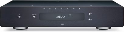 Primare I15 Prisma sort hi-fi stereoforstærker, diskret frontpanel, knapper, skærm, hovedtelefonstik