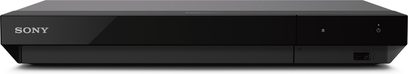 Leitor Blu-ray 4K Sony UBP-X700, vista frontal, caixa retangular preta, botão de energia, porta USB, logotipo Sony
