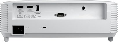 Optoma HD29HLVx hvid videoprojektor, set forfra, med HDMI-, USB-, VGA-, lyd-, RS232-tilslutninger og strømstik