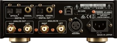 Fostex HP-A8 MK2 sort hovedtelefonforstærker, set forfra, analoge og digitale lydtilslutninger, justeringer, fremstillet i Japan