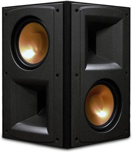 Klipsch RF-83 sort akustisk højttaler, set forfra i nærbillede, med to runde, forgyldte højttalerenheder integreret i et kubisk kabinet