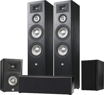 JBL Studio 290 sort højttalerpakke i sort: 2 gulvhøjttalere og 1 center-højttaler, synlige højttalerenheder, matte sorte trækabinettre