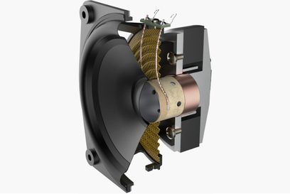 Q Acoustics Concept 50 gulvhøjttaler i grå lak, eksploderet frontvisning der viser højttalerne og den skårede basreflekskabinet