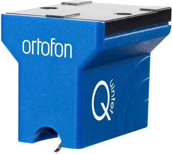 Živahna in sijoča modra embalaža gramofonske glave Ortofon MC Quintet Blue s stiliziranim belim logotipom "Q"