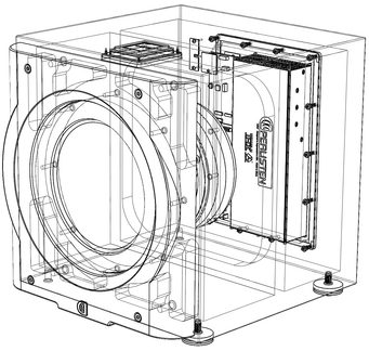 Vedere în perspectivă a unui subwoofer transparent cu difuzor circular, amplificator dreptunghiular, picioare rotunde