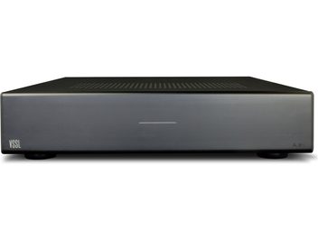 VSSL A.6X stereo hi-fi forstærker, set forfra, rektangulært mat sort kabinet med minimalistisk front, "VSSL"-logo i hvidt øverst til venstre
