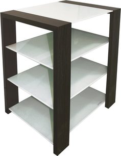 Norstone Design Kubben sort og hvid Hi-Fi-møbel, 3 asymmetriske trekantede hylder, set fra 3/4 vinkel forfra