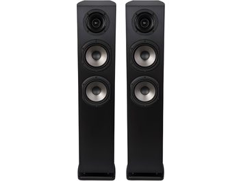 Dos altavoces de columna Cabasse MC170 Jersey negros con caja mate texturizada, vistos de frente, cada uno equipado con un tweeter negro enmarcado y dos woofers plateados con cono metálico