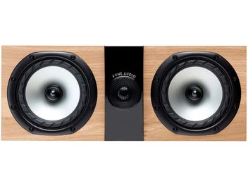 Fyne Audio F300LCR centralhögtalare i ljust ekfanér, 2 svarta högtalare, svart mittenparti, frontvy