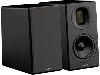 Sonoro Orchestra slim kompakt sort mat bibliotekshøjttaler, gyldne knapper, sort gitter, lodret format