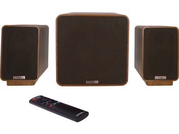 2.1 Speaker Pack Enova HIFI VELA 2.1 8A with 2 rectangular satellite speakers and 1 cubic central subwoofer, wood finish, black remote control