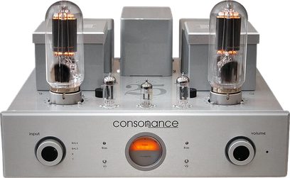 Consonance Linear 845 25. Yıl Gümüş Renkli Tüplü Hi-Fi Amplifikatör, ön görünüm, 2 lamba, ön panelde düğmeler ve bağlantılar