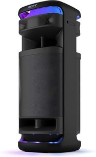 Prenosný bluetooth reproduktor Sony ULT TOWER 10, pohľad z troch štvrtín, čierna kovová mriežka, modré a fialové LED osvetlenie