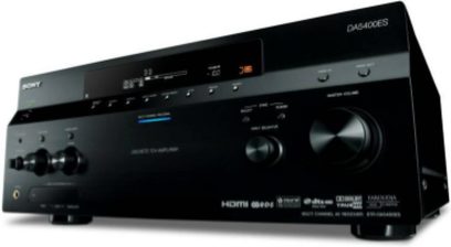 Sony STR-DA5400ES sort hjemmebiografsforstærker, set forfra, med knapper, drejeknapper, porte og digitalt display