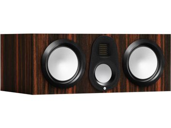 Monitor Audio Gold C250 6G centerhøjttaler macassar, set forfra, 2 store sølvfarvede cirkulære højttalere, 1 central diskant