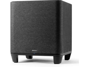 Subwoofer Denon Home negro, vista frontal, forma cúbica, tela acústica gris oscuro, base negra mate