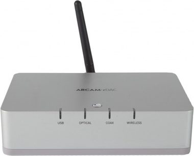 Arcam RDac Trådløs DAC-lydkonverter set forfra, rektangulært gråt kabinet med 4 porte: USB, optisk, koaksial og trådløs, sort antenne