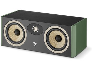 Diffusore centrale Focal Aria Evo X verde laccato, lato frontale, 2 altoparlanti beige, tweeter nero, logo argentato