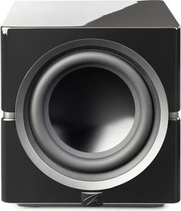 MartinLogan Dynamo 12 subwoofer i sort højglans, frontvisning, kubisk kabinet, skinnende overflade, centralt cirkulært højttalerelement