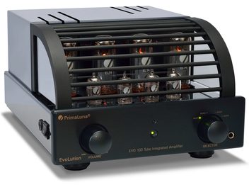 Amplificator hi-fi integrat PrimaLuna EVO 100 negru, vedere frontală și de sus, 8 tuburi EL34, panou frontal cu controale