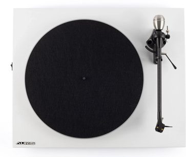 Tocadiscos Auris Audio Blues plateado visto desde arriba, con gran plato negro y brazo de lectura negro
