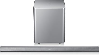 Samsung HW-H551 metallic gray soundbar, front and top view, elongated rectangular shape, on a gray base