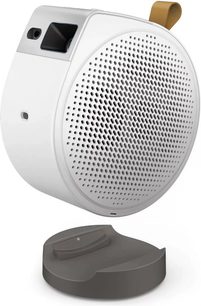 BenQ GV50 hengeres, dőlt vetítő, kör alakú perforált felület, téglalap alakú lencse, bézs szíj, leválasztható szürke alátét