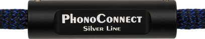 Kabel Thorens PhonoConnect PHS 150 DIN-XLR o délce 1,5 m v černém a modrém opletení, s válcovým pouzdrem z matného černého kovu s bílým nápisem PhonoConnect Silver Line, detailní pohled