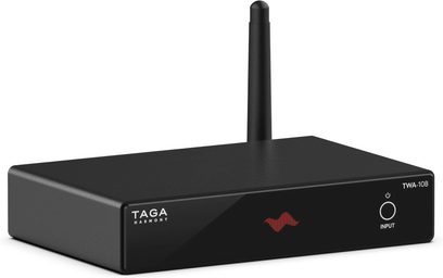 Taga Harmony TWA-10B netværksaudioafspiller, sort, set forfra, rektangulær form, lyst rødt logo, USB-port
