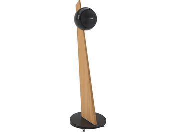 Kompakt hi-fi-högtalare Cabasse Riga 2 svart på ekstativ med sfärisk svart kropp och cirkulär svart bas