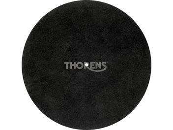 Black circular platter cover with uniform surface, Thorens logo centered in clear letters, visible central hole
