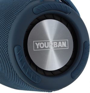 Bluetooth-højttaler Yourban Getone 45 blå, set forfra, cirkulær metaloverflade med koncentrisk mønster, kant i tekstureret stof