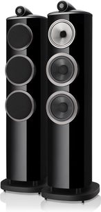 Bowers & Wilkins 804 D4 gulvhøjttalere i sort lak, set forfra, 2 enheder, 3 cirkulære gitre, 3 synlige højttalere