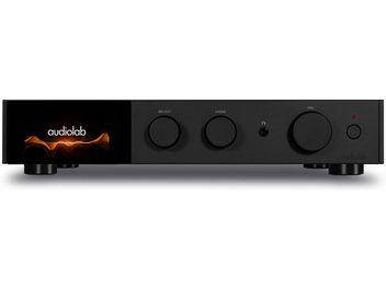 Sort stereo hi-fi forstærker Audiolab 9000A sort med skærm, der viser et lysende logo, 3 runde knapper, hovedtelefonstik, rød knap